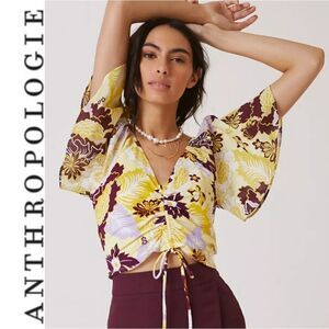 Anthropologie Flounce Sleeved Floral Top with Rouching
